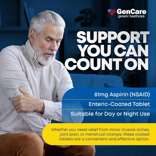 Vista 3 de GenCare - Aspirina de dosis baja de 81 mg para adultos recubiertos (AINE) 500 tabletas Dosis baja para adultos Pastillas de aspirina