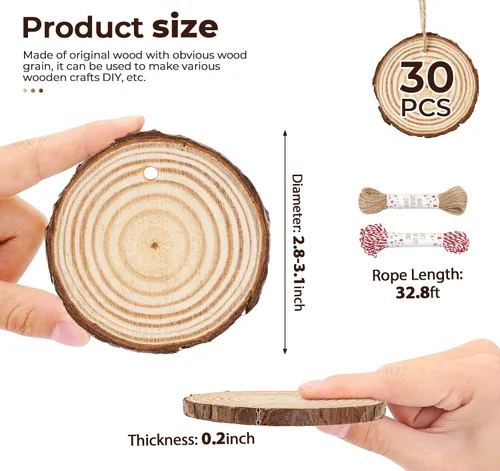 Vista 2 de ilauke - 30 piezas de láminas de madera natural de 2.7"-3.1" con agujero pretaladrado, madera sin terminar con corteza, círculos de madera