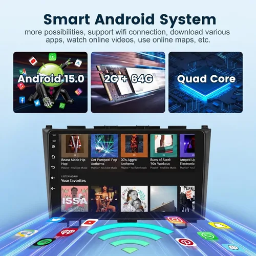 Vista 4 de Estéreo de coche 2G+64G Android 15 para Honda CRV 2007-2011 con Carplay inalámbrico/Android Auto con navegación GPS WiFi, pantalla táctil de 9