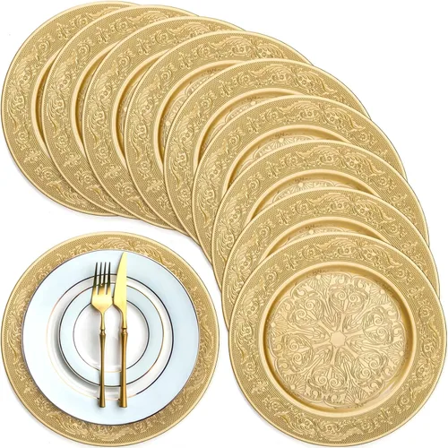 Vista 4 de Cididu Paquete de 12 platos de carga dorados, cargadores redondos dorados de 13 pulgadas para platos de cena, cargadores decorativos de cena
