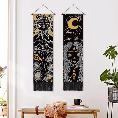 Vista 2 de ARTCREATOR Paquete de 2 tapices de sol y luna para colgar en la pared, tapiz estético vertical, arte misterioso, tapices largos para habitación