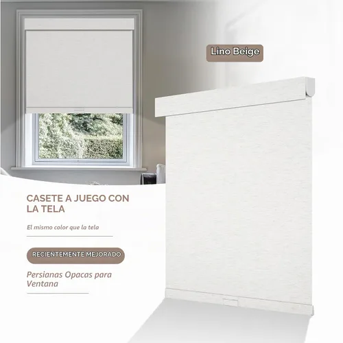 Vista 2 de Boolegon - Persianas enrollables opacas sin cordones para ventanas, color beige, tamaño personalizado Persianas de lino con cenefa, tela aislante
