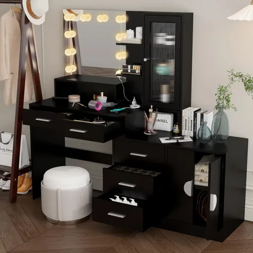 Vista 3 de Escritorio de maquillaje con espejo y luz, espejo de tocador con estación de carga para dormitorio, mesa de maquillaje con estantes