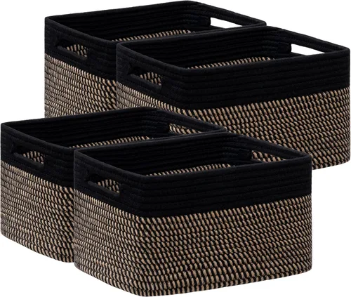 Vista 20 de Paquete de 4 cestas de almacenamiento para organizar, cestas tejidas para estantes, color beige
