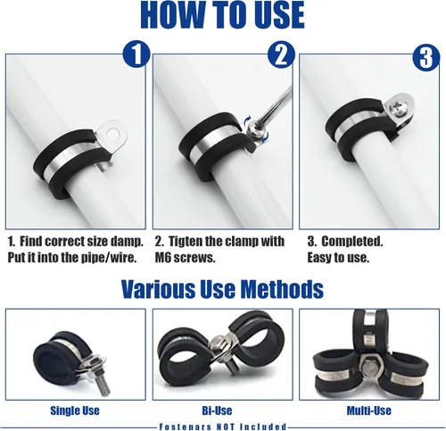 Vista 4 de Kit surtido de 106 abrazaderas de cable, (0.23 a 0.79 pulgadas) - Abrazadera de tubo aislada acolchada de acero inoxidable 304, abrazadera de bucle