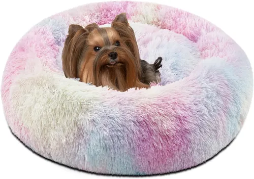 Vista 19 de Friends Forever Cama para perro en forma de dona, de piel sintética, mullida, relajante, para perros pequeños, suave y afelpada, antiansiedad, sofá