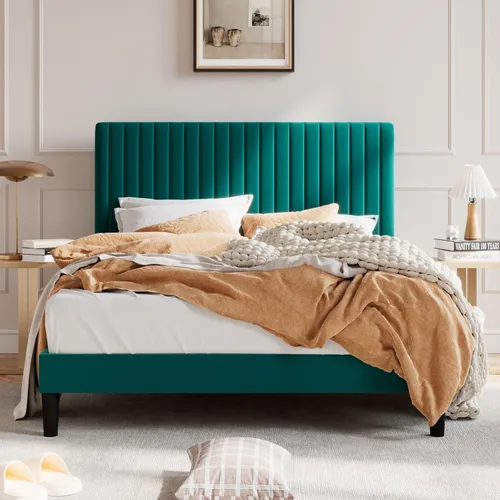 Vista 11 de SHA CERLIN Base de cama de plataforma tapizada completa con cabecera ajustable, tela de terciopelo capitoné de canal vertical, soporte de listones