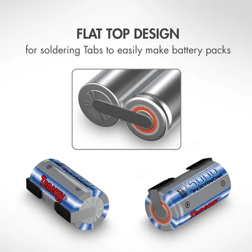Vista 4 de Tenergy Batería recargable NiMH SubC de 5000 mAh con parte superior plana (con pestañas), paquete de 10