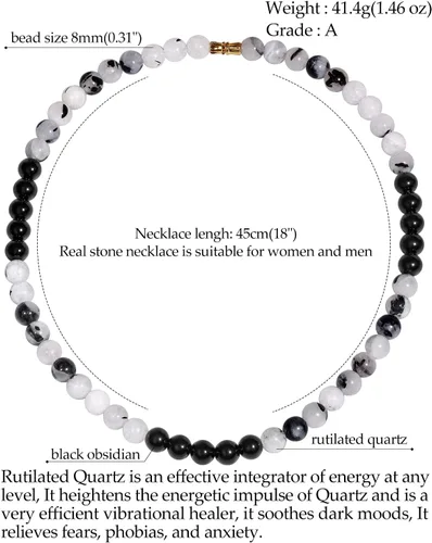 Vista 5 de Jewever Gargantillas de cristal con cuentas de obsidiana negracuarzo rutilado para mujeres y hombres con cristales curativos de energía unisex
