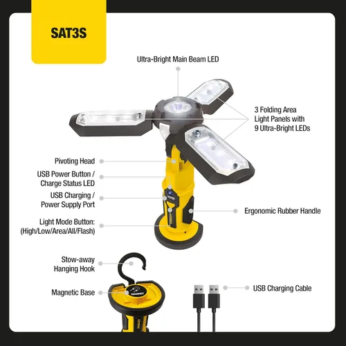Vista 2 de STANLEY SAT3S Satellite luz de trabajo LED de 300 lúmenes recargable con cargador USB