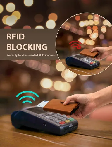 Vista 3 de LUNGEAR Tarjetero de cuero para tarjetas de crédito automático, billetera minimalista delgada con bloqueo RFID para hombre y mujer