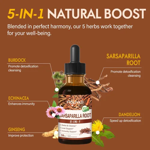Vista 4 de Gotas de raíz de zarzaparrilla para desintoxicación y limpieza, apoyo hepático y apoyo inmunológico. Mezcla natural con extracto de equinácea