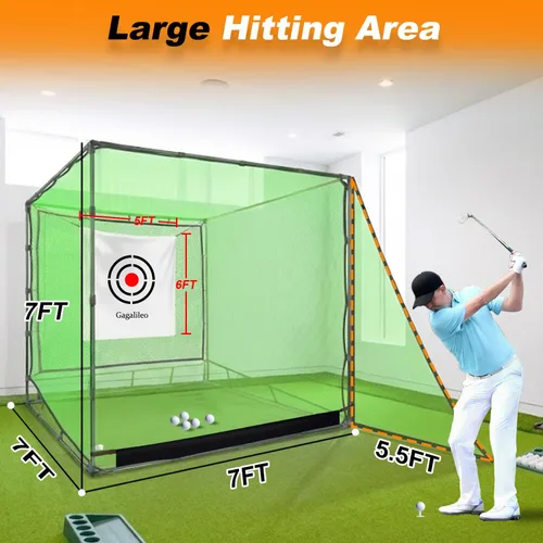 Vista 2 de Gagalileo Golf Driving Cage Net: Heavy Duty 1 in Steel Frame - Noise Reduction Target for Backyard Garage Indoor Simulator - 7x7x7 FT High Density