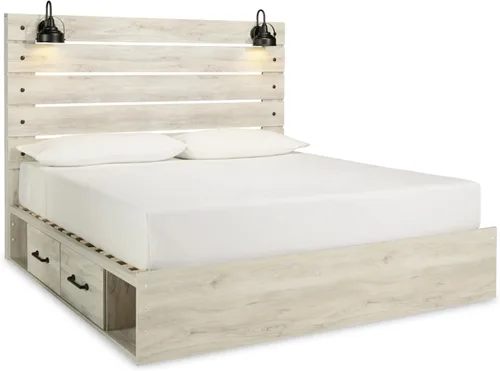 Vista 14 de Signature Design by Ashley Drystan - Cama de plataforma con panel rústica tamaño Queen con 2 cajones de almacenamiento, cubículos abiertos, luces