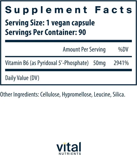 Vista 2 de Vital Nutrients - Pyridoxal-5 Fosfato - Vitamina activada B6-90 Cápsulas Vegetarianas por Botella - 50 mg