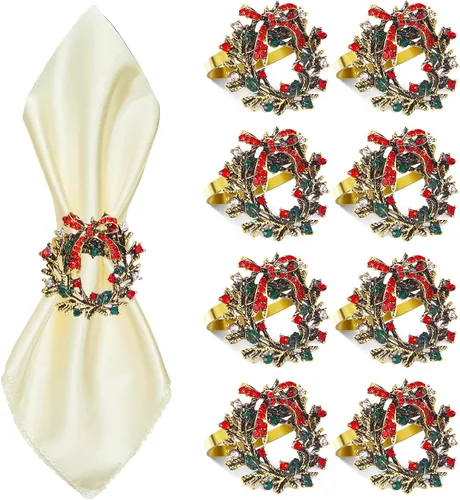 Vista 30 de ZeeDix Juego de 6 servilleteros de corona de Navidad, servilleteros de Navidad para servilletas de tela, servilleteros de Navidad para Acción