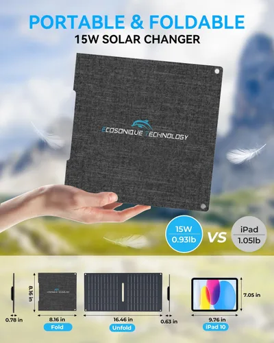 Vista 3 de Ecosonique Paneles Cargadores Solares Pequeños de 15W con USB C USB A Carga Rápida Paneles de Energía de Emergencia Plegables para Acampar