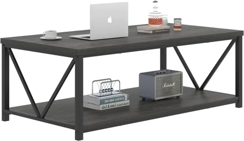 Vista 8 de FOLUBAN Mesa de centro con almacenamiento, mesas centrales pequeñas modernas para espacios pequeños, mesa de cóctel de madera rústica y metal