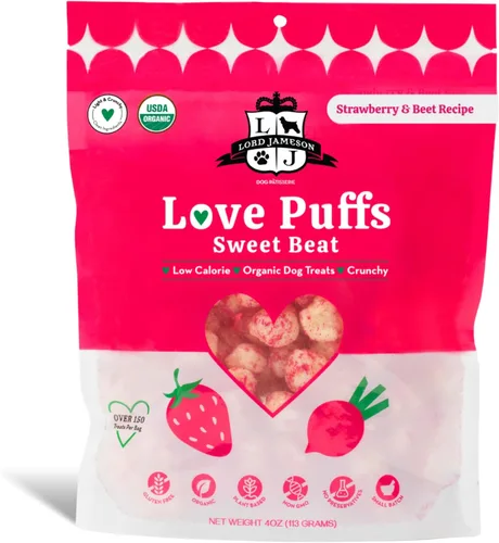 Vista 11 de Lord Jameson Cheddar Charm Colección Love Puffs ligeros y crujientes Golosinas orgánicas para perros, receta de queso, sin gluten, sin