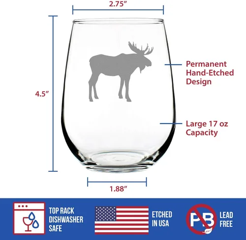 Vista 5 de Bevvee Moose Silhouette - Copa de vino sin tallo, regalos temáticos de cabina o decoración rústica, grande de 17 onzas