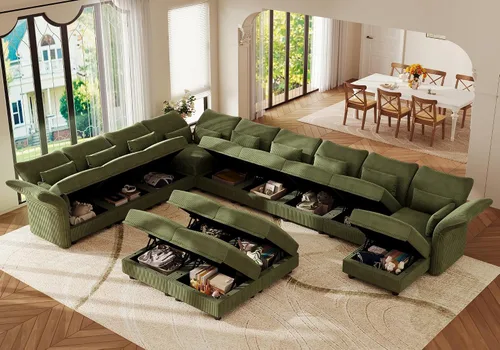 Vista 3 de LLappuil Sofá modular grande en forma de U con almacenamiento, sofás modulares modulares de pana verde para sala de estar con apoyabrazos