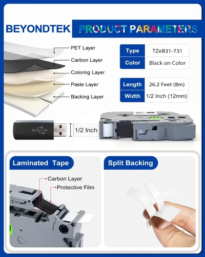 Vista 2 de Paquete de 6 cintas de repuesto para rotuladora Brother P Touch de 0.472 in 0.47 laminado de color TZ 1/2 pulgadas TZe-B31 TZe-335 TZe431-731