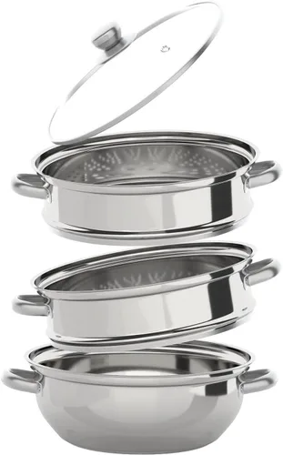 Vista 10 de Vaporizador de 5 niveles para cocinar, olla de vapor de acero inoxidable de 11.81 pulgadas con tapa de vidrio templado, olla de vapor