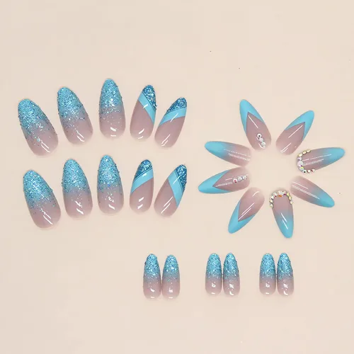 Vista 3 de IMSOHOT Uñas postizas a presión con forma de almendra, francesas, color azul medio, uñas postizas degradadas con purpurina con diseños de diamantes