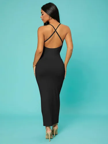 Vista 2 de Verdusa Vestido largo ajustado con tirantes delgados y espalda cruzada para mujer