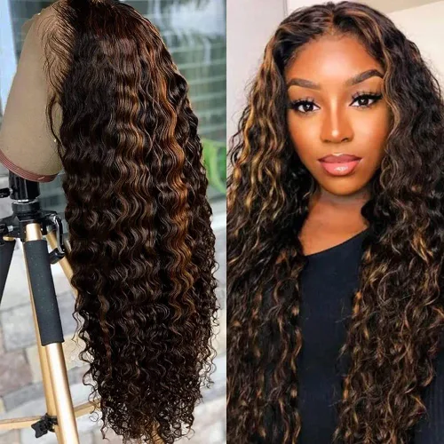 Vista 7 de Peluca de cabello humano con encaje frontal degradado 1B/30, negro y marrón 13x6, pelucas de encaje frontal HD predepiladas con abuelitos, ondulado