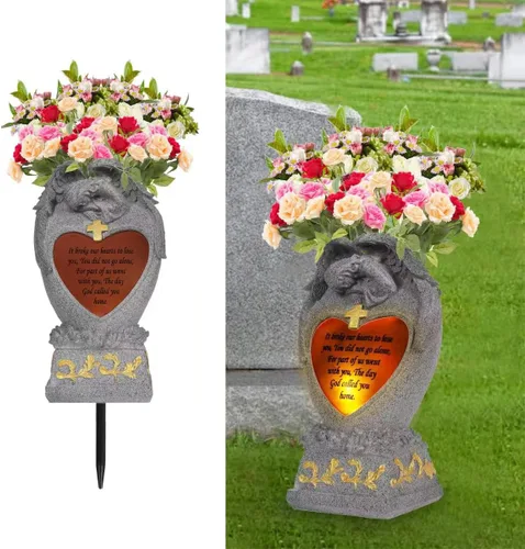 Vista 10 de Decoraciones de cementerio para tumba, ángel de jardín, luces solares, estatua conmemorativa familiar, regalo funerario, jarrón LED, ángel llorando
