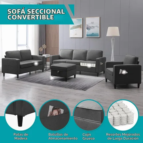 Vista 2 de BALUS Sofás seccionales de 78 pulgadas de ancho para sala de estar, sofá de tela de lino con otomana de almacenamiento, sofá de 3 plazas con Gris