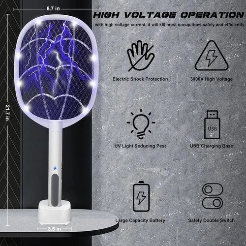 Vista 2 de Electric Fly Swatter Rackets, 2-in-1 Bug Zapper, 2 Pack Trampa de luz para insectos de alto voltaje de 3000 V, 3 capas de malla de seguridad