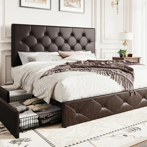 Vista 11 de SHA CERLIN Base de cama de plataforma tamaño matrimonial tapizada con 4 cajones de almacenamiento, cabecero ajustable con diseño cosido en cuadrados