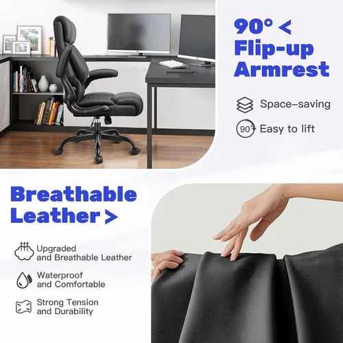 Vista 3 de Silla ejecutiva de oficina de respaldo alto - Escritorio ergonómico para computadora con función de balanceo, de cuero para gerencia