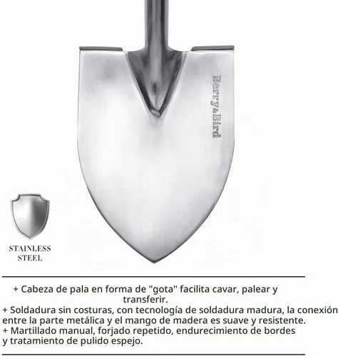 Vista 3 de Berry&Bird - Pala de punta redonda de jardinería con mango de madera en forma de D, pala de acero inoxidable de 40.98" para playa y nieve Pala
