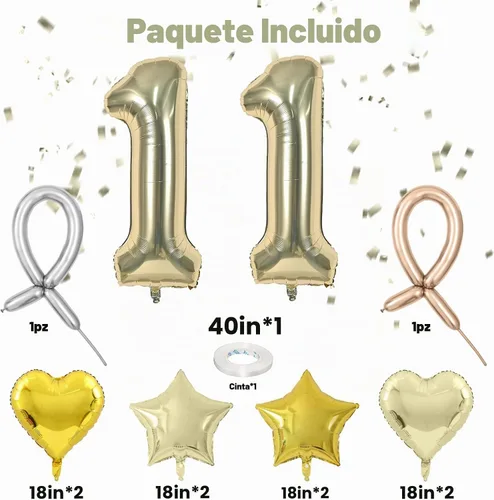 Vista 2 de Globos dorados de color champán con el número 11, globos de oro claro, globo de aluminio dorado con forma de corazón con estrella y globo largo