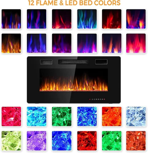 Vista 2 de Topment Chimenea eléctrica empotrada y montada en la pared con color y velocidad de llama ajustables, control remoto y táctil con temporizador, bajo