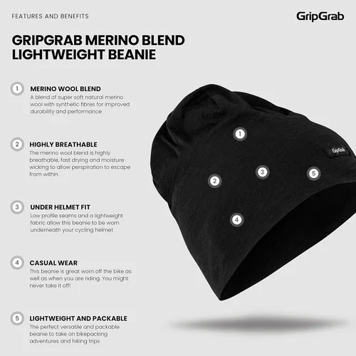 Vista 2 de GripGrab Merino Blend - Gorro de invierno ligero para debajo del casco, gorro térmico de lana para bicicleta, gorra transpirable Negro