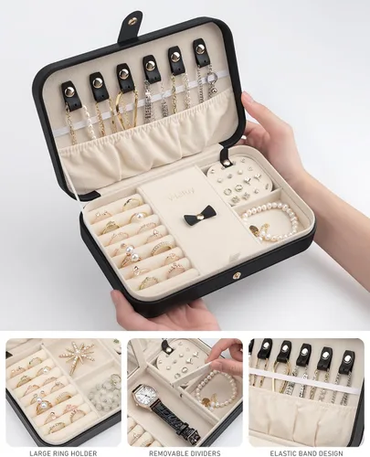 Vista 2 de Joyero pequeño, joyero de viaje portátil para mujer, mini organizador de viaje de 2 capas, regalo para mujeres y niñas, negro A