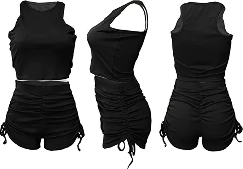 Vista 5 de PYAEAS Conjunto de dos piezas de verano para mujer, casual, elástico, acanalado, con cordón, pantalones cortos de entrenamiento