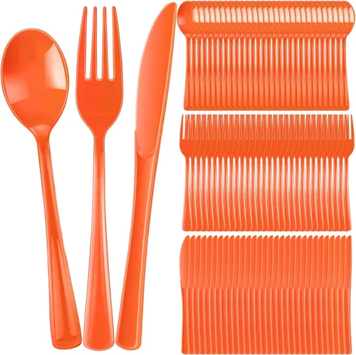 Vista 9 de Juego de cubiertos de plástico de 300 piezas, juego de cubiertos de plástico resistente, incluye 100 cucharas desechables, 100 tenedores, cuchillos