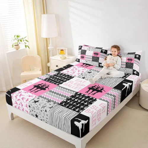 Vista 12 de Sábana bajera ajustable de ballet para niñas, juego de ropa de cama de ballet para danza de ballet, sábanas de cama con rayas geométricas onduladas