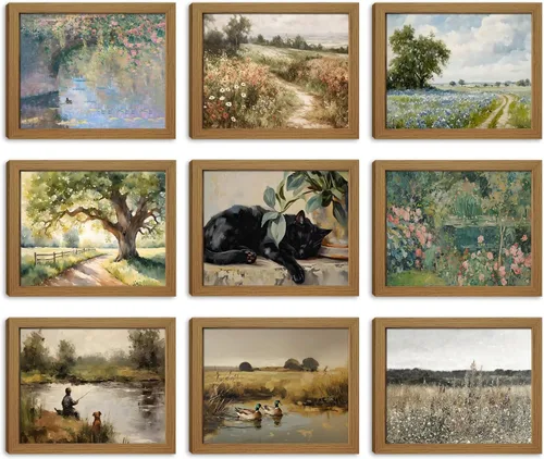 Vista 8 de Divertido póster de arte de pared de gato negro, juego de 9, impresiones en lienzo vintage de gato negro de Van Gogh, impresiones estéticas florales