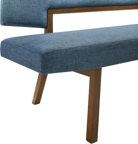 Vista 7 de Channell - Banco de comedor de madera con acabado de nogal con tela azul