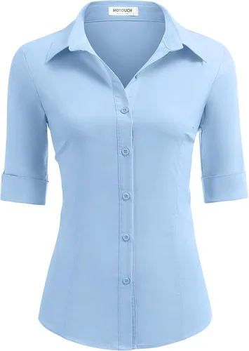Vista 12 de HOTOUCH Camisas básicas con botones para mujer, manga 3/4, elásticas, con botones, camisa de vestir ajustada para camarera