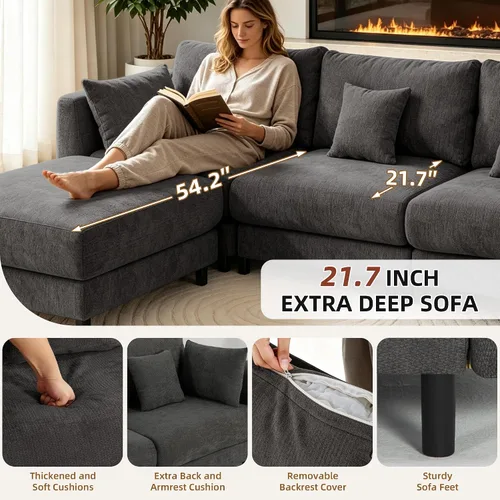 Vista 4 de Sofá de nube de 112.4 pulgadas, sofá modular en forma de L con otomana de Gris