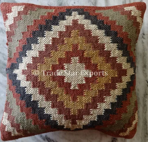 Vista 2 de Trade Star - Funda de almohada Kilim hecha a mano de lana de yute, hermosas fundas decorativas de granja, altamente duraderas, 18 x 18 pulgadas