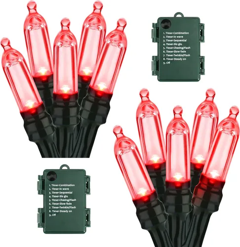 Vista 10 de BrizLabs Luces de Navidad multicolor, paquete de 2 tiras de 50 luces LED de Navidad de 17.94 pies, luz de árbol de Navidad con batería