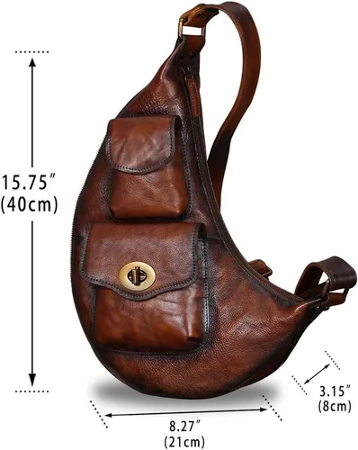 Vista 4 de Bolso bandolera grande de cuero genuino para hombres y mujeres, mochila vintage de cuero real, bolsa cruzada de hombro, bolsa de pecho